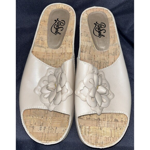 Pure Sole Sandals beige leather with flower accent on the top Women Sz 8 - Picture 8 of 14